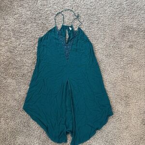 Free People Womens Small S Slip Dress Teal Green Small V Neck Cutout Boho